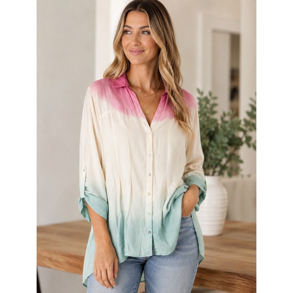 NWT‎ Vintage America Ombre Button-Down Medium Shirt Boho Beachy Pink Mint Green
